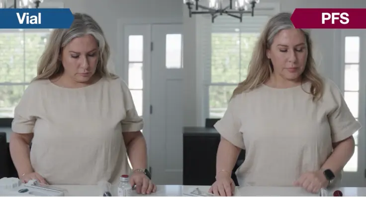 Women demonstrating Hizentra prefilled syringes vs. vials